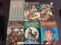 #584 6 Books Robinson Crusoe, Huck Finn , Tom Sawyer,Davy Crockett & More !